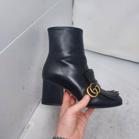 GUCCI Leather Black Malaga Kid GG Marmont Fringe Ankle Boot - Picture 3 of 15